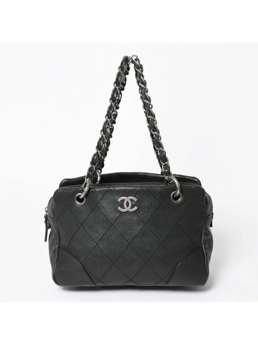 Chanel Wild Stitch Chain Tote Bag CC Logo Caviar Leather Black